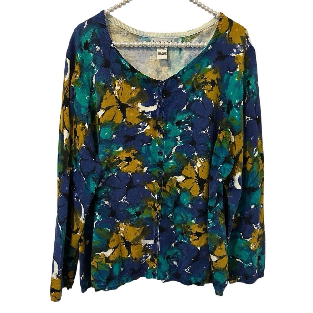 Jessica London Button Front Floral cotton Long Sleeve Cardigan Sweater Sz 22/24